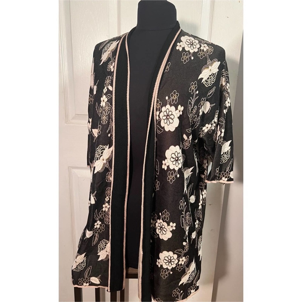 Falconeri Italian Black, Tan, Cream Floral Short Sleeve Loose Fit Open Cardigan